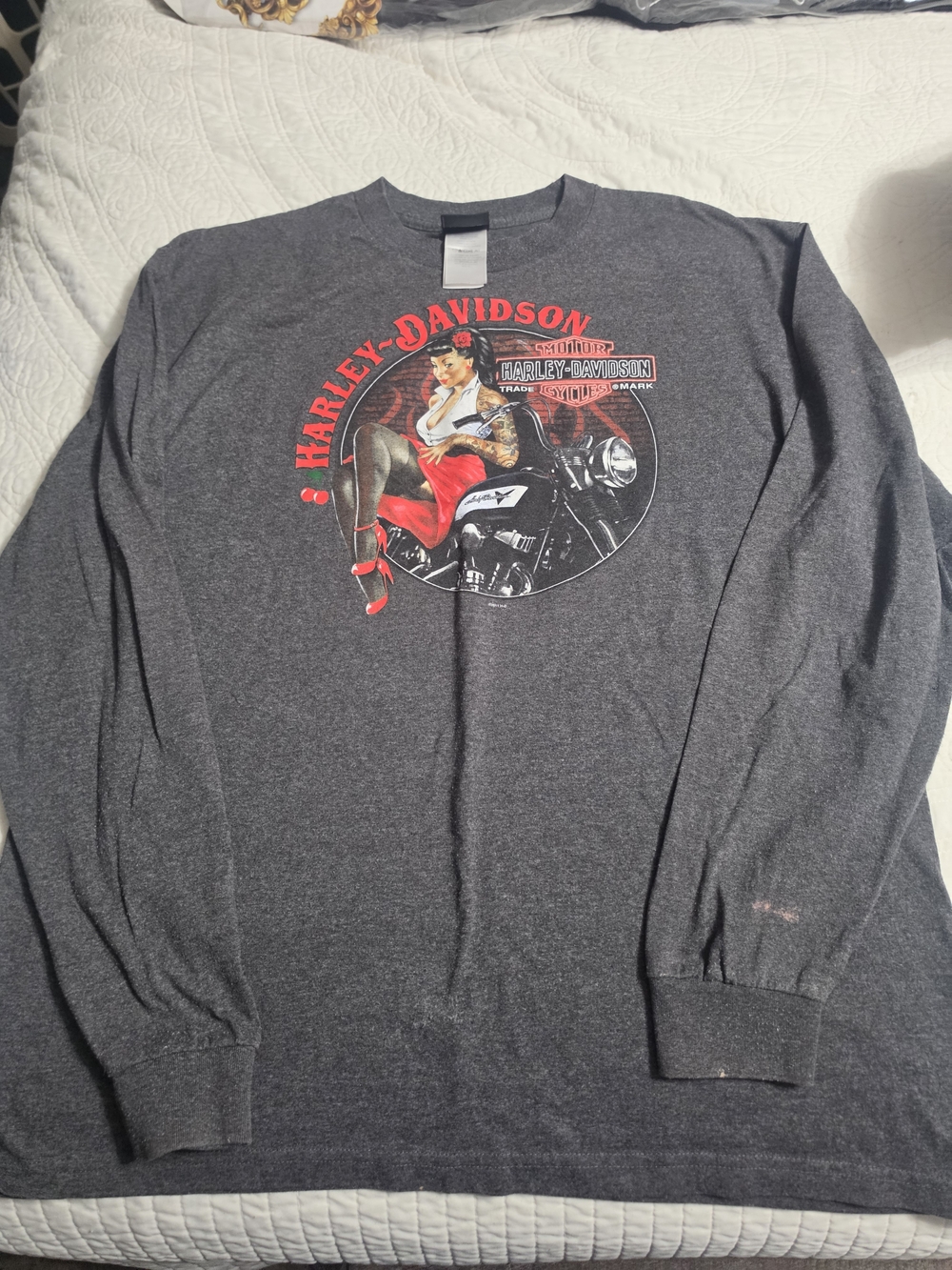 Harley-Davidson Dark Gray Long Sleeve Tee with Red Pin-Up Graphic